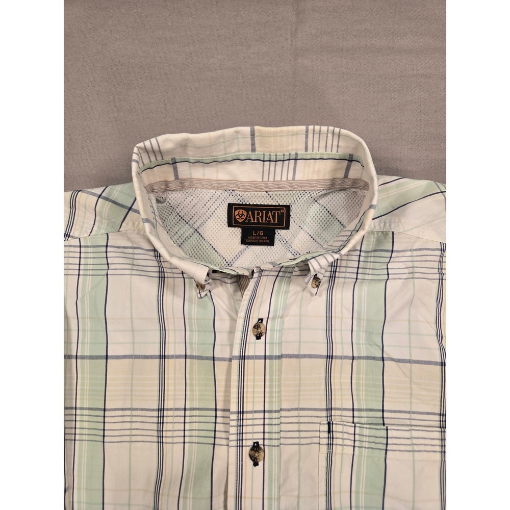 Ariat Mens Plaid Button Down Shirt Green Blue Large Long Sleeve Mesh Lined *flaw